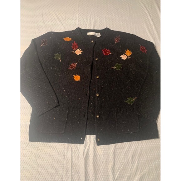 croft & barrow Sweaters - Croft & Barrow Black Speckled Cardigan Sweater Leaf Size L grandmacore